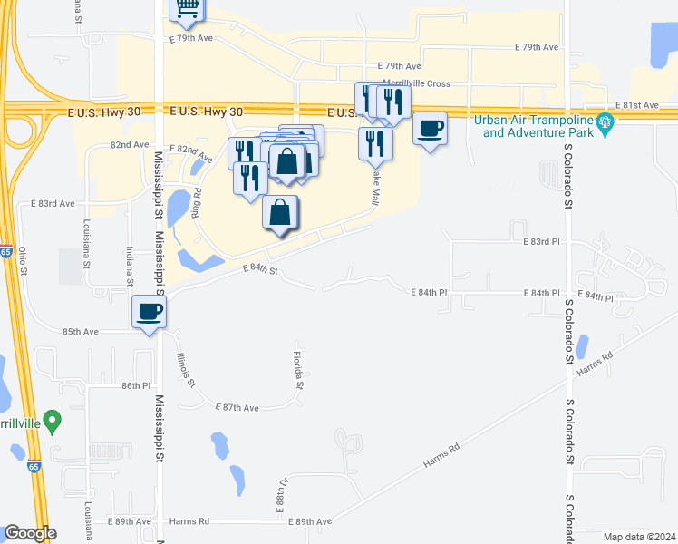 map of restaurants, bars, coffee shops, grocery stores, and more near 2000-2068 Reed Court in Merrillville