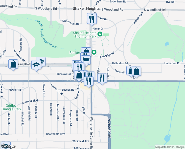 map of restaurants, bars, coffee shops, grocery stores, and more near 3425 Warrensville Center Road in Shaker Heights