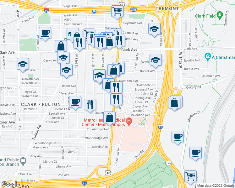 map of restaurants, bars, coffee shops, grocery stores, and more near 3261 West 25th Street in Cleveland