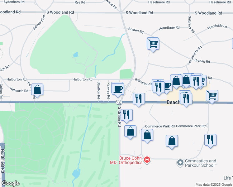 map of restaurants, bars, coffee shops, grocery stores, and more near 3446 Old Green Road in Beachwood