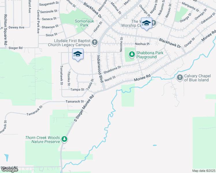 map of restaurants, bars, coffee shops, grocery stores, and more near 196 Monee Road in Park Forest
