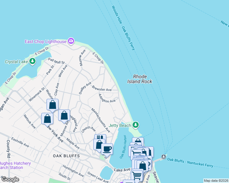 map of restaurants, bars, coffee shops, grocery stores, and more near 120 East Chop Drive in Oak Bluffs