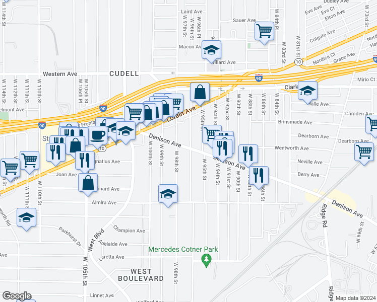 map of restaurants, bars, coffee shops, grocery stores, and more near 9705 Denison Avenue in Cleveland