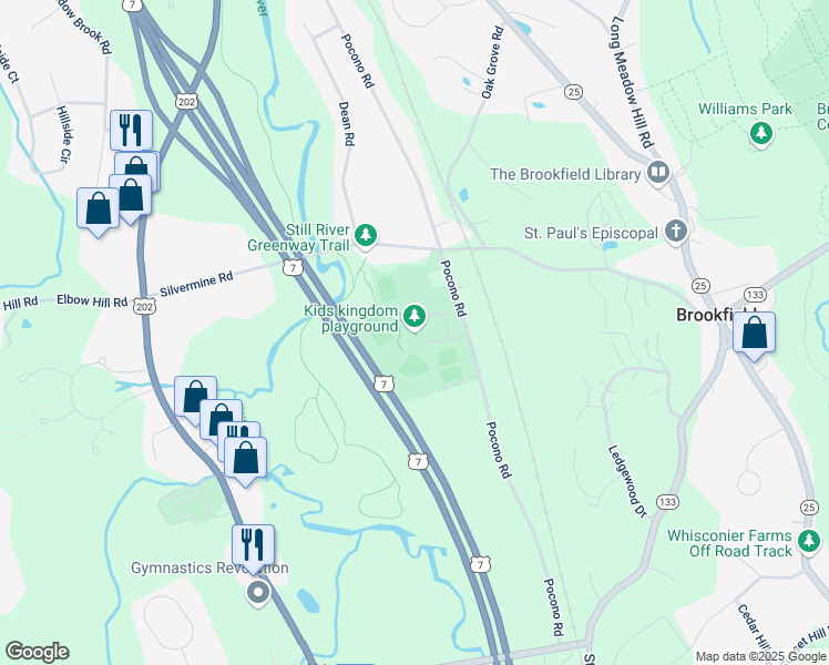 map of restaurants, bars, coffee shops, grocery stores, and more near 100 Pocono Road in Brookfield