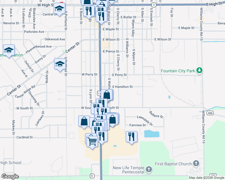 map of restaurants, bars, coffee shops, grocery stores, and more near 215 East Hamilton Street in Bryan