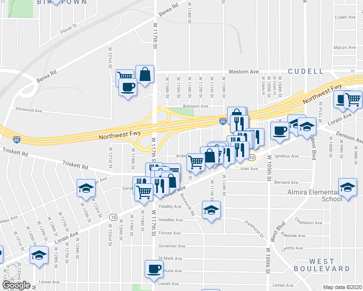 map of restaurants, bars, coffee shops, grocery stores, and more near 3191 West 115th Street in Cleveland