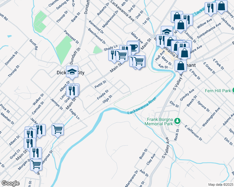 map of restaurants, bars, coffee shops, grocery stores, and more near 312 Pancoast Street in Dickson City