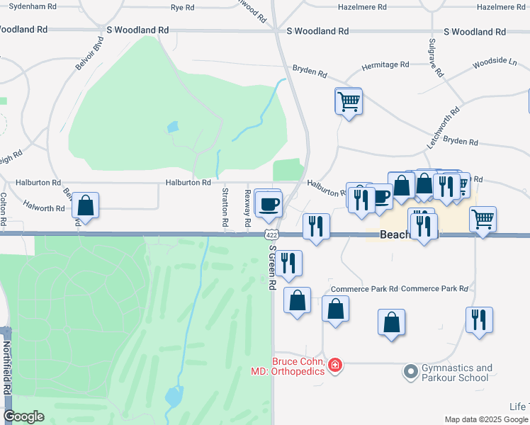 map of restaurants, bars, coffee shops, grocery stores, and more near 3434 Old Green Road in Beachwood