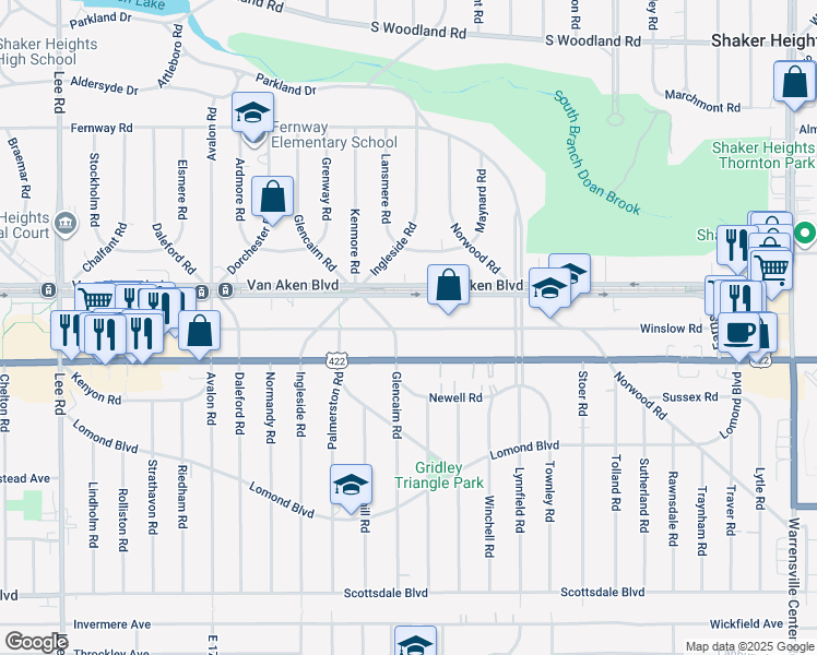 map of restaurants, bars, coffee shops, grocery stores, and more near 3449 Glencairn Road in Shaker Heights