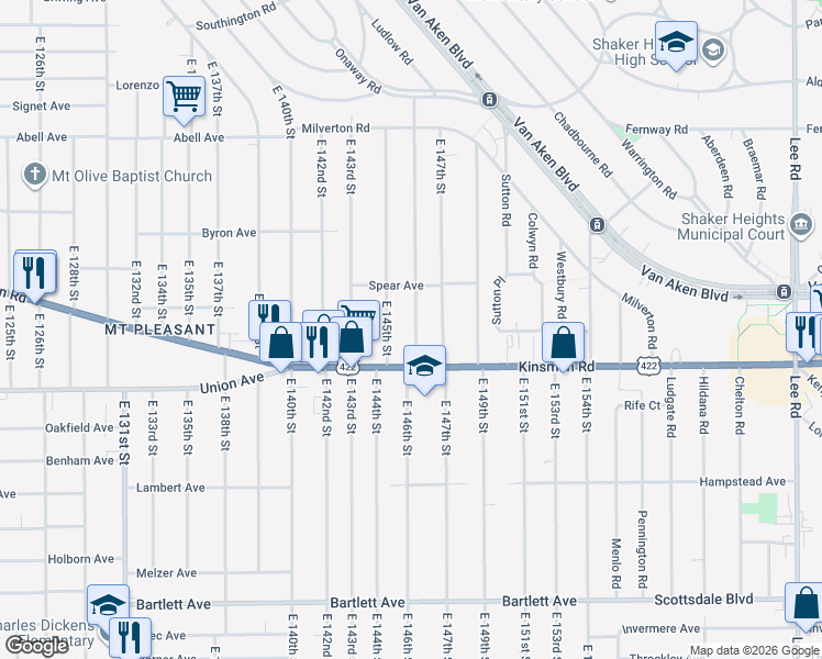 map of restaurants, bars, coffee shops, grocery stores, and more near 3435 East 145th Street in Cleveland