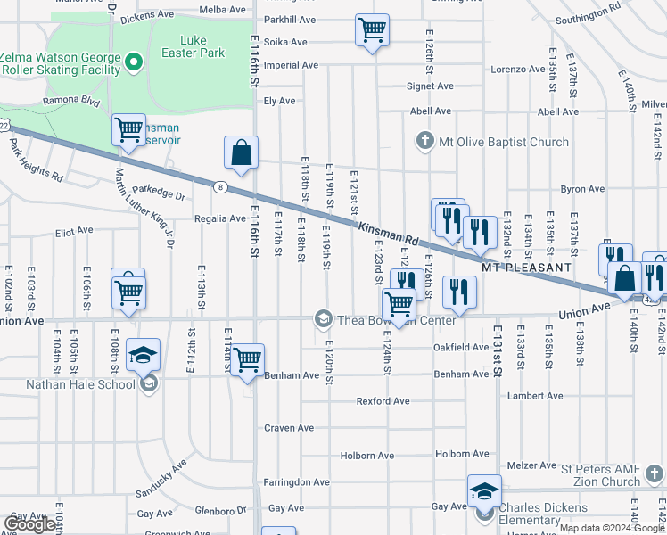 map of restaurants, bars, coffee shops, grocery stores, and more near 3406 East 121st Street in Cleveland