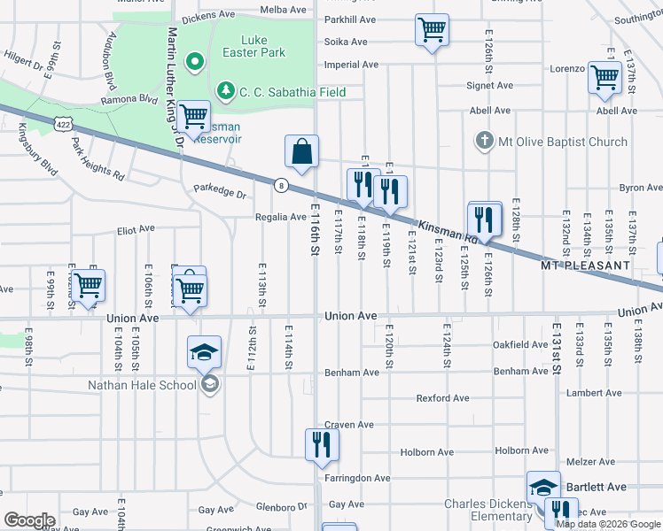 map of restaurants, bars, coffee shops, grocery stores, and more near 3407 East 117th Street in Cleveland