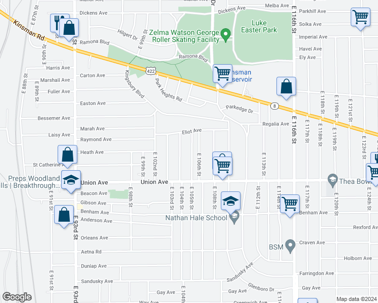 map of restaurants, bars, coffee shops, grocery stores, and more near 3418 East 105th Street in Cleveland