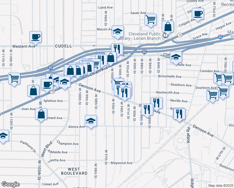 map of restaurants, bars, coffee shops, grocery stores, and more near 3219 West 95th Street in Cleveland