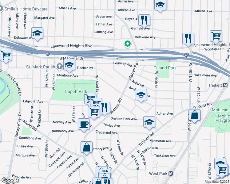 map of restaurants, bars, coffee shops, grocery stores, and more near 15001 Montrose Avenue in Cleveland