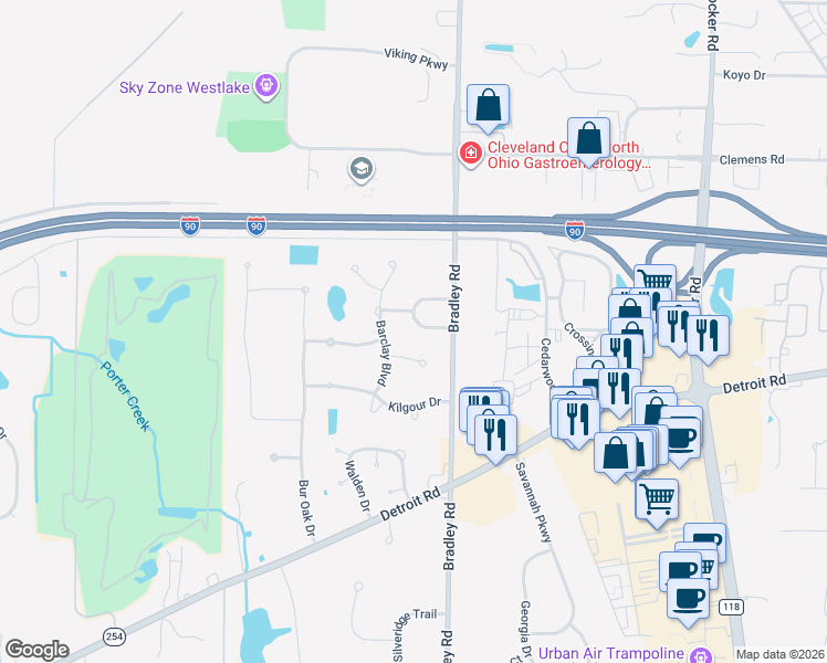map of restaurants, bars, coffee shops, grocery stores, and more near 1 Bradley Road in Westlake