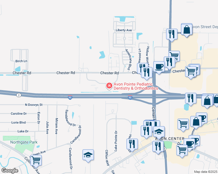 map of restaurants, bars, coffee shops, grocery stores, and more near 36901 American Way in Avon