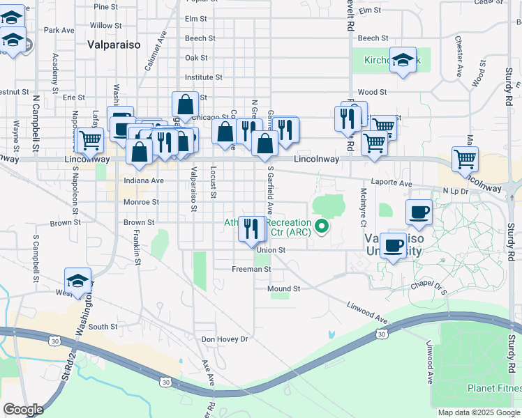 map of restaurants, bars, coffee shops, grocery stores, and more near 158-198 South Greenwich Street in Valparaiso