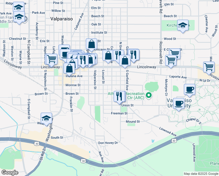 map of restaurants, bars, coffee shops, grocery stores, and more near 158 College Avenue in Valparaiso