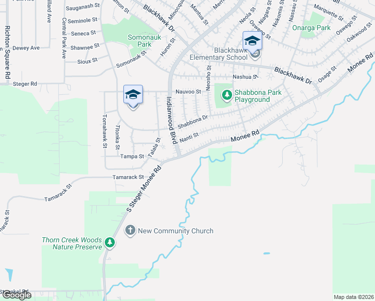 map of restaurants, bars, coffee shops, grocery stores, and more near 195 Nanti Street in Park Forest