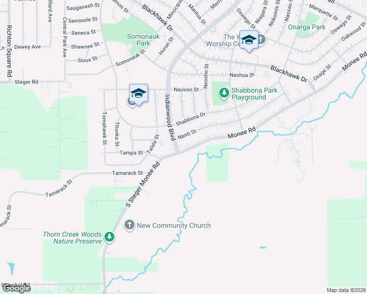 map of restaurants, bars, coffee shops, grocery stores, and more near 195 Nanti Street in Park Forest