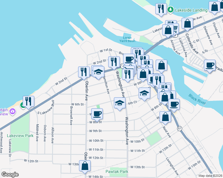 map of restaurants, bars, coffee shops, grocery stores, and more near 419 Hamilton Avenue in Lorain