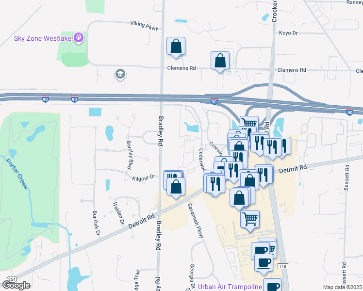 map of restaurants, bars, coffee shops, grocery stores, and more near 1650 Cedarwood Drive in Westlake