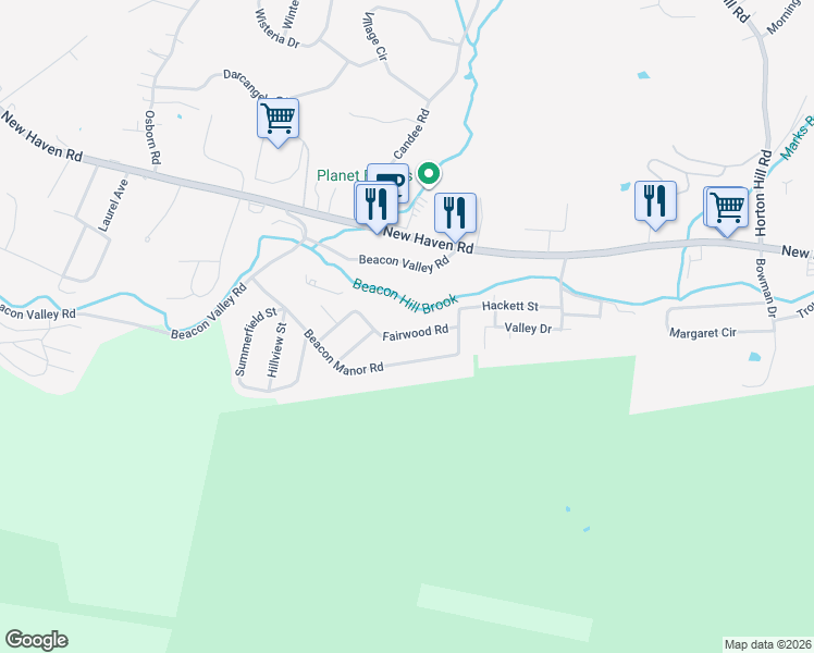 map of restaurants, bars, coffee shops, grocery stores, and more near 84 Beacon Manor Circle in Naugatuck