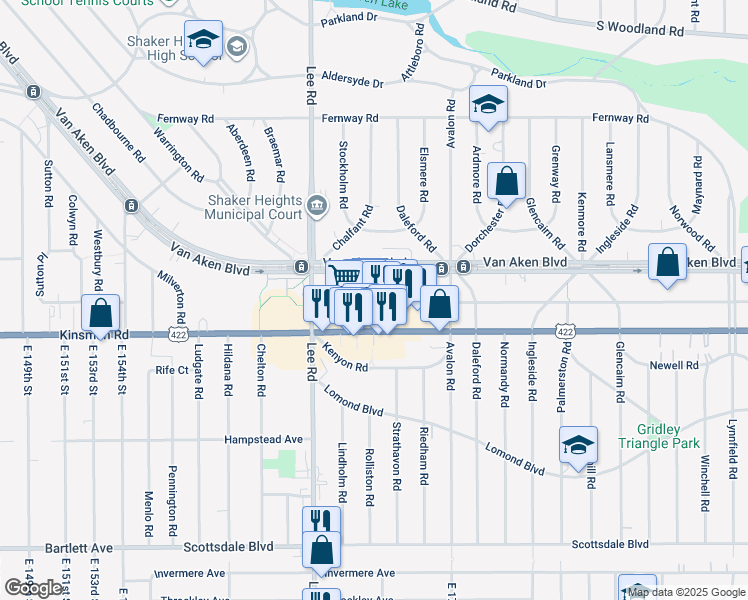 map of restaurants, bars, coffee shops, grocery stores, and more near Winslow Court in Shaker Heights