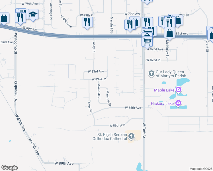 map of restaurants, bars, coffee shops, grocery stores, and more near 2726 West 84th Place in Merrillville