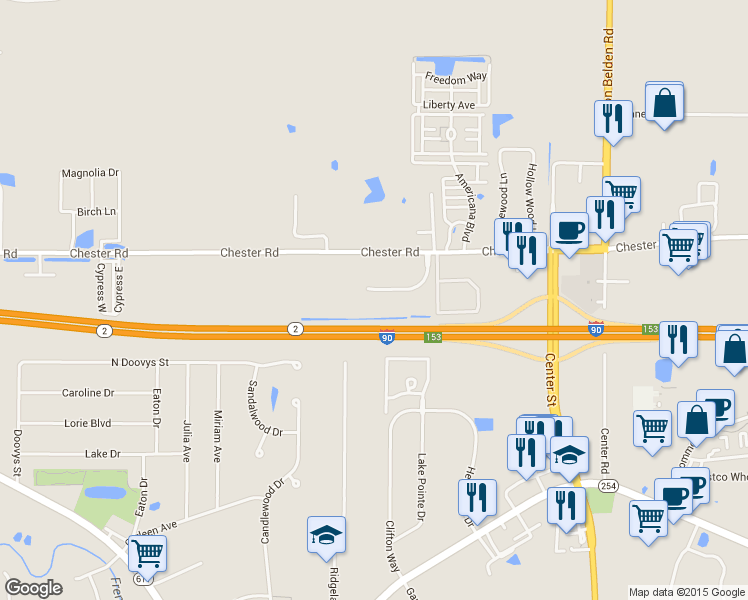 map of restaurants, bars, coffee shops, grocery stores, and more near 36901 American Way in Avon