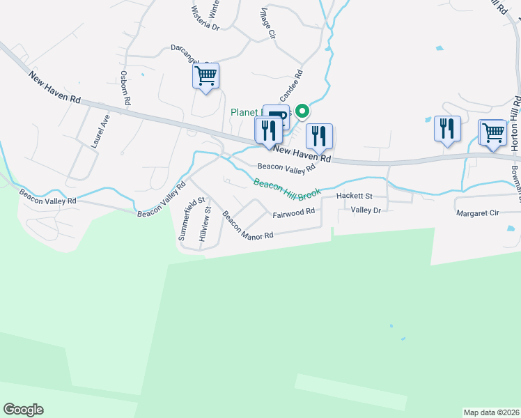 map of restaurants, bars, coffee shops, grocery stores, and more near 63 Beacon Manor Circle in Naugatuck