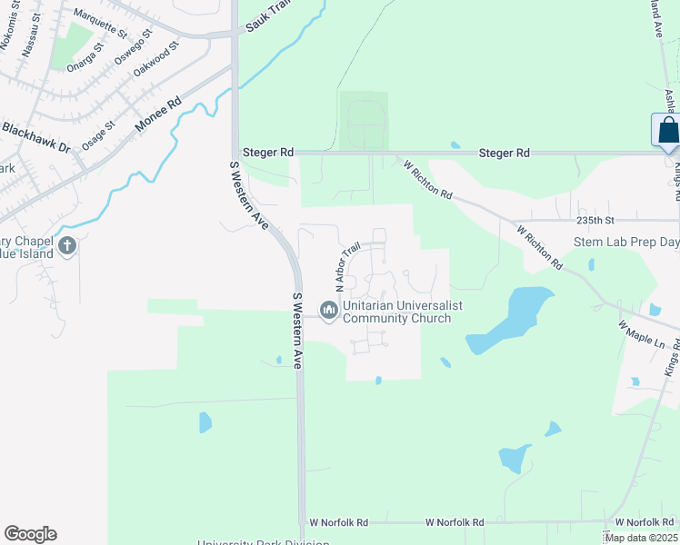map of restaurants, bars, coffee shops, grocery stores, and more near North Arbor Trail in Park Forest