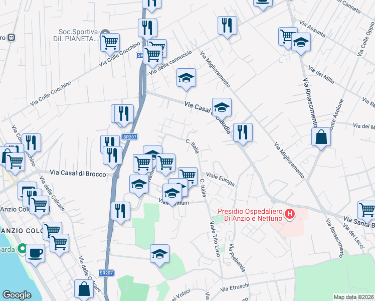 map of restaurants, bars, coffee shops, grocery stores, and more near 145B Corso Italia in Anzio