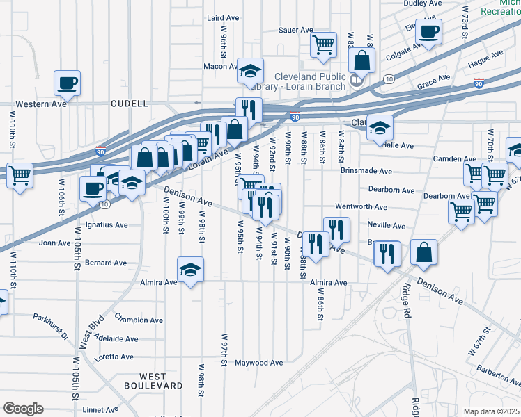 map of restaurants, bars, coffee shops, grocery stores, and more near 3220 West 92nd Street in Cleveland