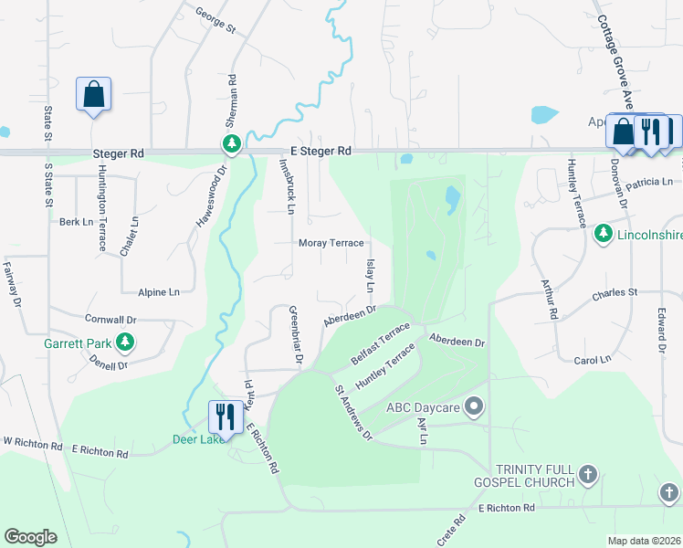 map of restaurants, bars, coffee shops, grocery stores, and more near 30 Geneva Court in Crete