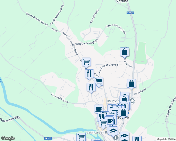 map of restaurants, bars, coffee shops, grocery stores, and more near Via San Giovanni Battista in Pontecorvo