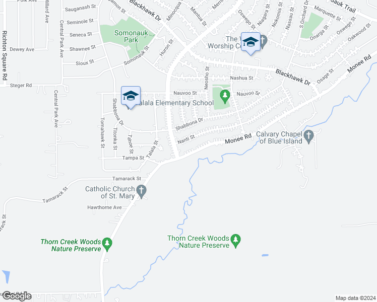 map of restaurants, bars, coffee shops, grocery stores, and more near 192 Monee Road in Park Forest