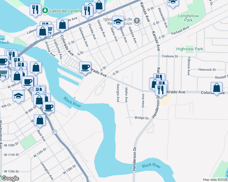 map of restaurants, bars, coffee shops, grocery stores, and more near 728 Georgia Avenue in Lorain