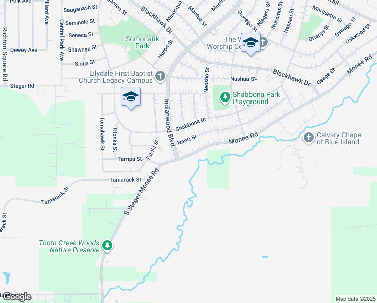 map of restaurants, bars, coffee shops, grocery stores, and more near 192 Monee Road in Park Forest
