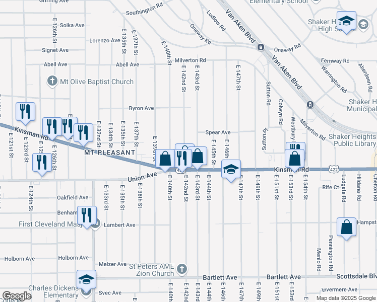 map of restaurants, bars, coffee shops, grocery stores, and more near 3440 East 142nd Street in Cleveland