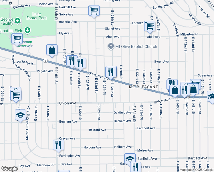 map of restaurants, bars, coffee shops, grocery stores, and more near 12502 Kinsman Road in Cleveland