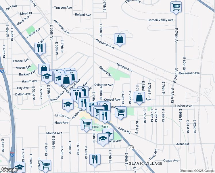 map of restaurants, bars, coffee shops, grocery stores, and more near 6611 Ovington Avenue in Cleveland