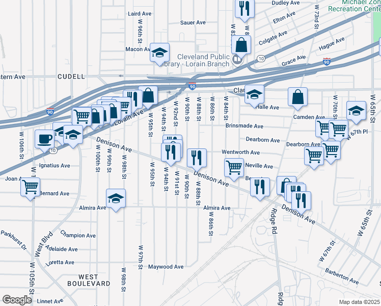 map of restaurants, bars, coffee shops, grocery stores, and more near 3221 West 90th Street in Cleveland