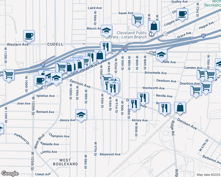 map of restaurants, bars, coffee shops, grocery stores, and more near 3220 West 92nd Street in Cleveland