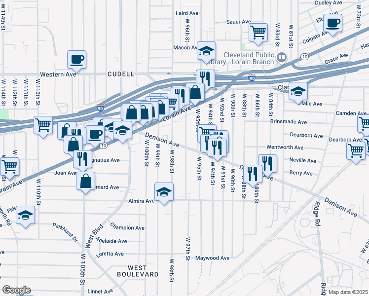 map of restaurants, bars, coffee shops, grocery stores, and more near in Cleveland