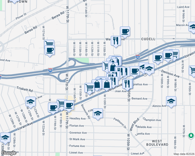 map of restaurants, bars, coffee shops, grocery stores, and more near 3171 West 111th Street in Cleveland