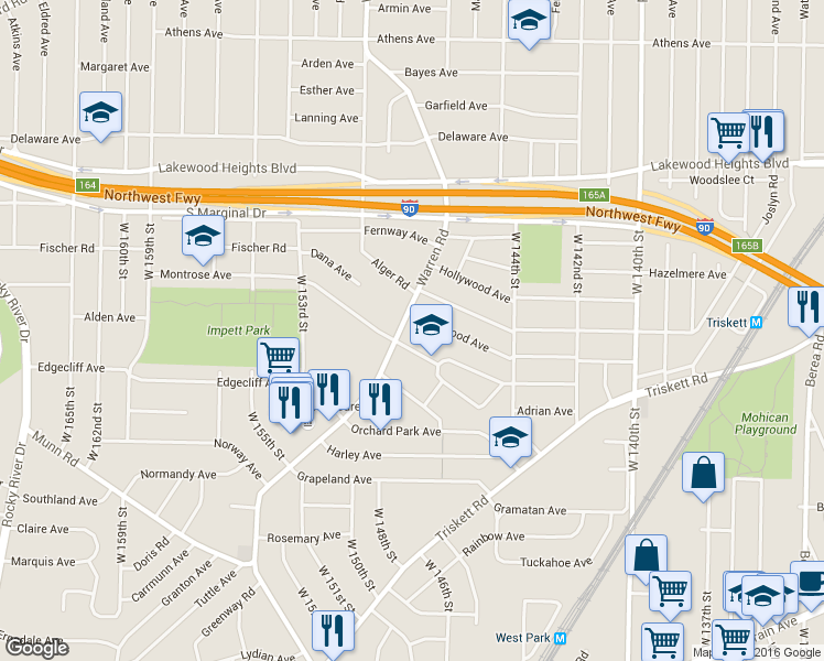 map of restaurants, bars, coffee shops, grocery stores, and more near 14624 Birchwood Avenue in Cleveland