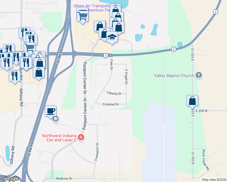 map of restaurants, bars, coffee shops, grocery stores, and more near 3901 West New England Street in Valparaiso