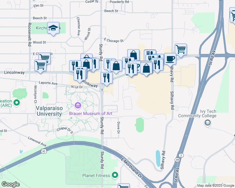 map of restaurants, bars, coffee shops, grocery stores, and more near 254 Mayfield Avenue in Valparaiso